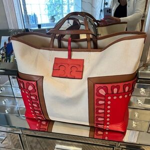 Tory Burch  Cream, tan, coral red XL TOTE